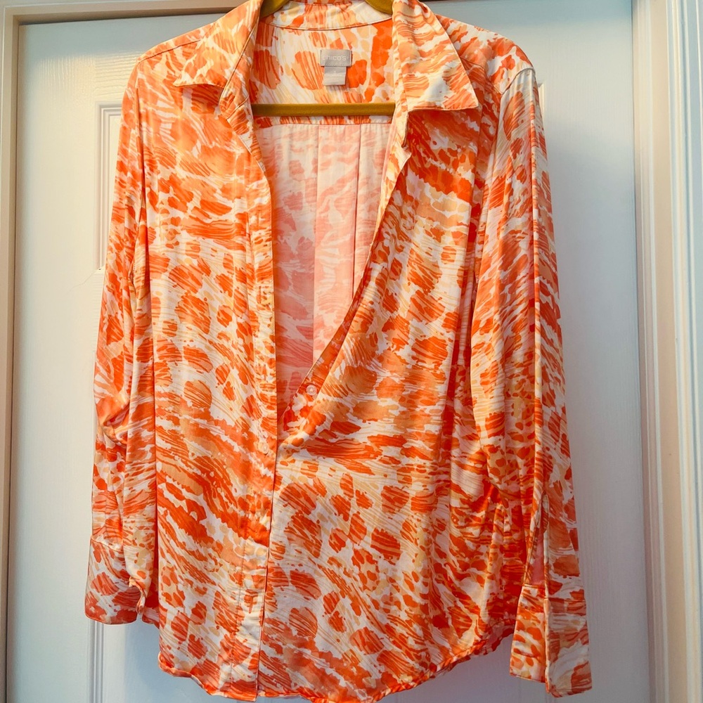 Chico's Orange and White Long Sleeve Button Down Shirt, size 3